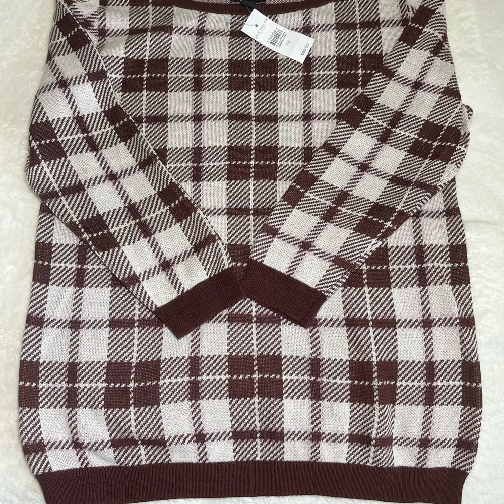 Ann Taylor Factory Burgundy/Cream Plaid Knit Long Sleeve Crew Neck Sweater Sz XS - Picture 3 of 7